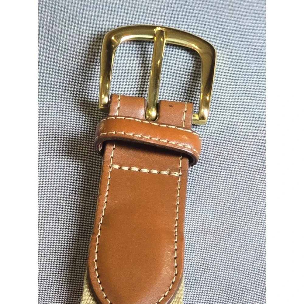 VTG Torino Belt Mens 34 Khaki Canvas Web Brown Leather Brass Buckle Casual 6832